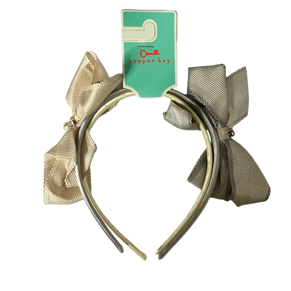 Copper key NWT Girls headband set bows silver ivory